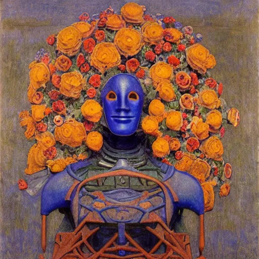 Prompt: a robot wearing a mask made of flowers, by annie swynnerton and diego rivera and nicholas roerich and jean delville, symbolist, dramatic lighting, elaborate geometric ornament, art brut, soft cool colors, smooth, sharp focus, extremely detailed, adolf wolfli and donato giancola