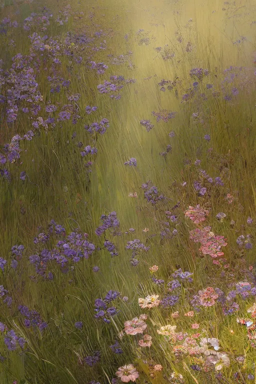 Image similar to an intricate artistic painting of a beautiful wallpaper art pattern made of elegant meadows with painterly motives and textures, hyper detailed, octane render, vivid colors, artstation, by jeremy mann, by alphonse mucha