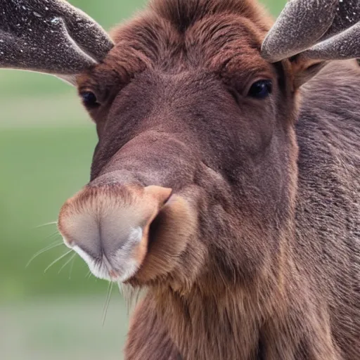 Prompt: extreme close - up photo of a smiling moose