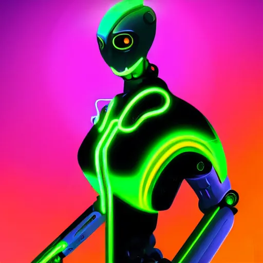 Prompt: a portrait of futuristic robot posed in front of a neon background, digital art in the style of greg rutkowksi trending on artstation