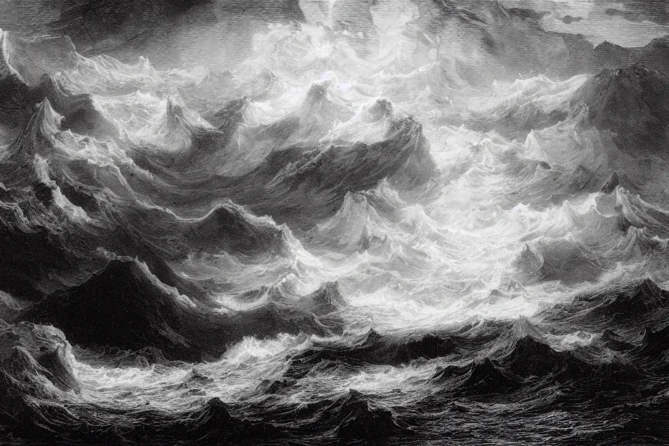 Prompt: the deluge, an engraving of a stormy sea beating against rocks by gustave dore