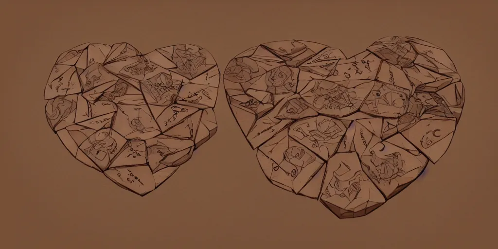 Image similar to wooden heart design, character sheet, 3d render, Greg Rutkowski, Zabrocki, Karlkka, Jayison Devadas, Phuoc Quan, trending on Artstation, 8K, ultra wide angle, zenith view, pincushion lens effect