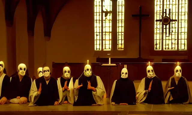 Image similar to a cultist ceremony, cultists with robes and masks, church interior, satanic church interior, the fog. horror lighting, found footage