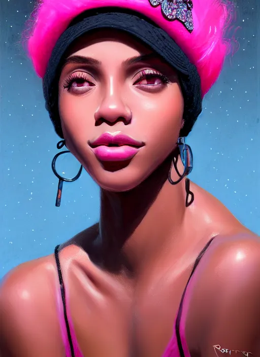 Image similar to portrait of teenage vanessa morgan with bright pink hair, black girl, vanessa morgan, curly pixie cut hair, wearing newsboy cap, newsboy cap, hoop earrings, intricate, elegant, glowing lights, highly detailed, digital painting, artstation, concept art, smooth, sharp focus, illustration, art by wlop, mars ravelo and greg rutkowski