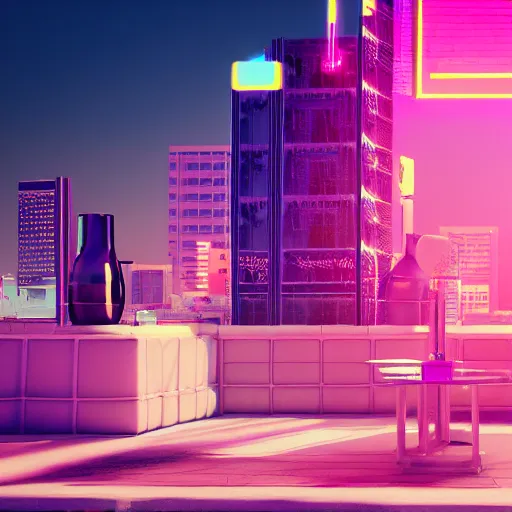 Image similar to synthwave art of peykan, tehran, octane render, pink neon lights