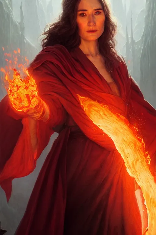 Prompt: carice van houten as a fire priest, only two hands, highly detailed, digital painting, artstation, concept art, smooth, sharp focus, illustration, unreal engine 5, 8 k, art by art by artgerm and greg rutkowski and edgar maxence