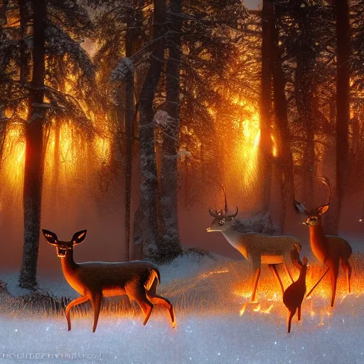 Prompt: deer on fire in a frozen forest, sparkles and sun rays, hyperrealistic, photo realistic, realistic, beautiful white lighting, in the middle of the day