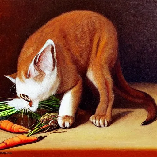 Image similar to cute brown burmese cat eating carrot, in style of Ivan Shishkin, oil painting, renaissance drawing, hd, detailed