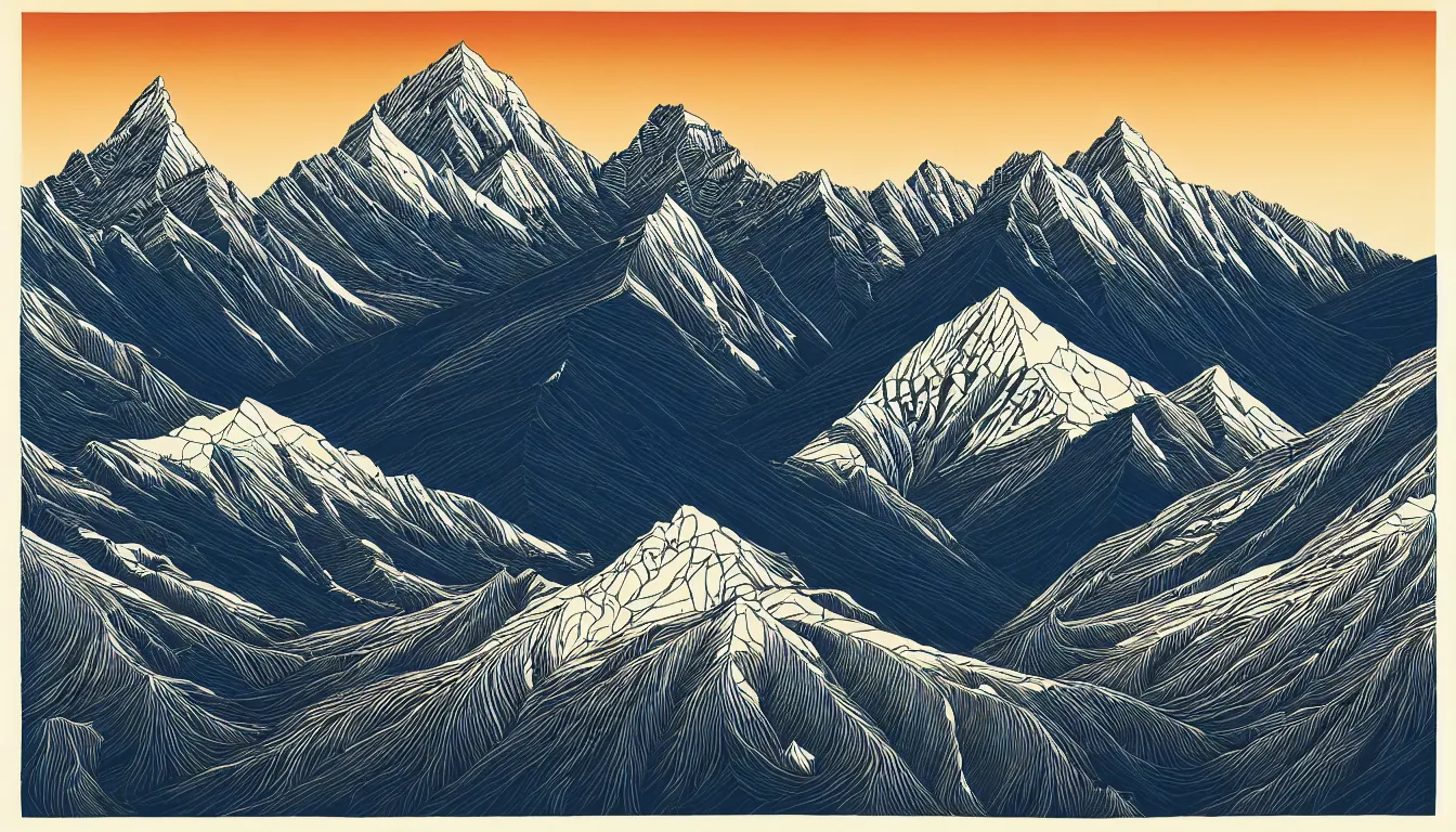 Prompt: himalayas by dan mumford and peter doig and edward hopper, symmetrical, minimal, black ink, thick lines highly detailed, muted colours 8 k