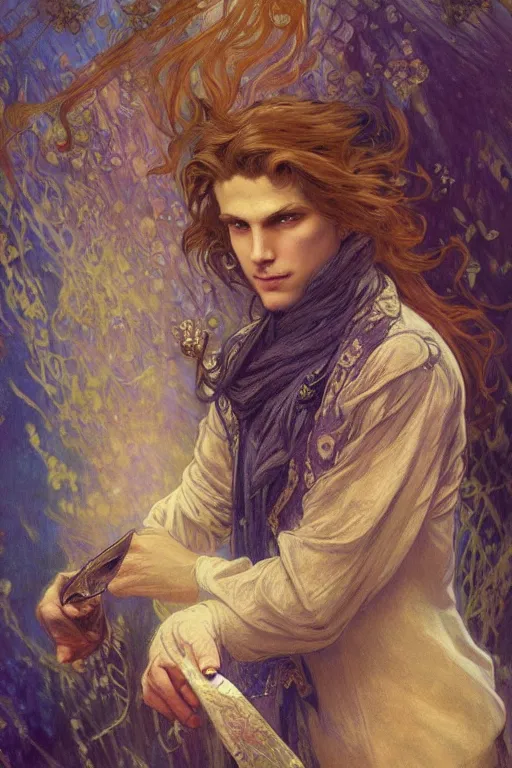 Prompt: young male magician, golden hair, 1920, fantasy, intricate, highly detailed, digital painting, artstation, concept art, smooth, sharp focus, art by Artem Demura and Alphonse Mucha, ArtGerm, Valentina Remenar, Gaston Bussiere, Cedric Peyravernay