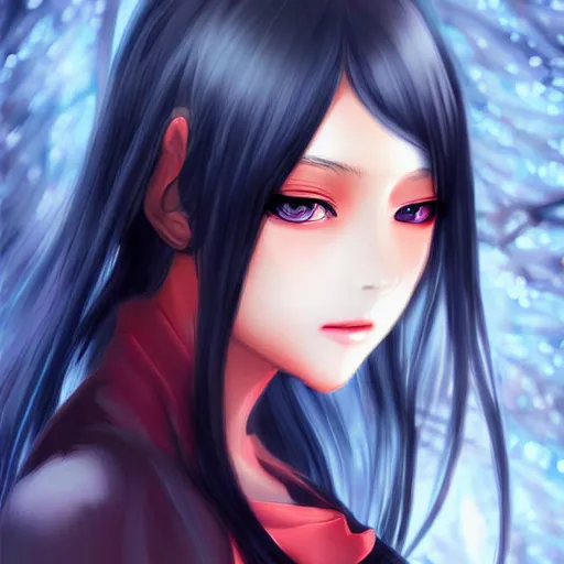 Prompt: professional anime digital art of a beatiful girl with long black hair; red eyes; face portrait; beautiful, appealing face, trending art