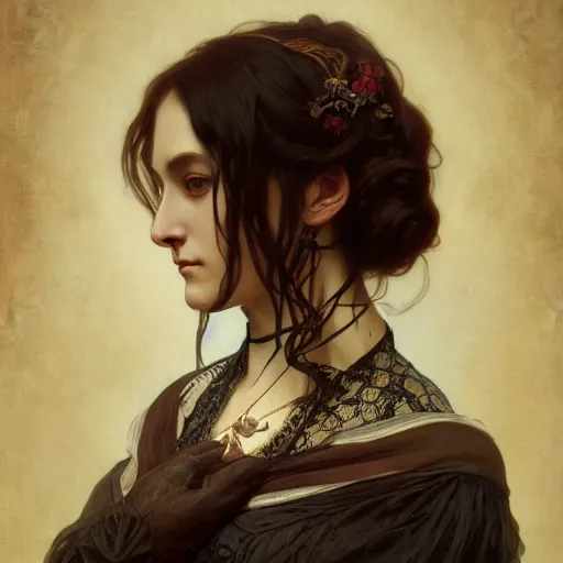 Image similar to portrait of victorian gothic lady, intricate, elegant, highly detailed, digital painting, artstation, concept art, smooth, sharp focus, illustration, art by artgerm and greg rutkowski and alphonse mucha and william - adolphe bouguereau