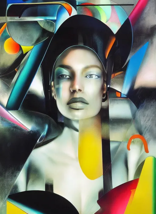 Image similar to futuristic lasers tracing, colorsmoke, leather fullbodysuit, pyramid hoodvisor, raindrops, wet, oiled, beautiful cyborg girl, by steven meisel, kaws, rolf armstrong, mondrian, kandinsky, perfect geometry abstract acrylic, octane hyperrealism photorealistic airbrush collage painting, dark monochrome, fluorescent colors, minimalist rule of thirds, eighties eros