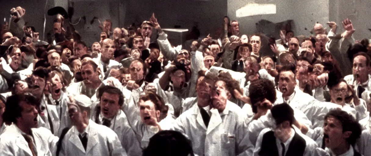 Prompt: filmic dutch angle movie still 4 k uhd 3 5 mm film color photograph of a screaming crowd of doctors trying to escape a lab after a dangerous specimen hass come back to life