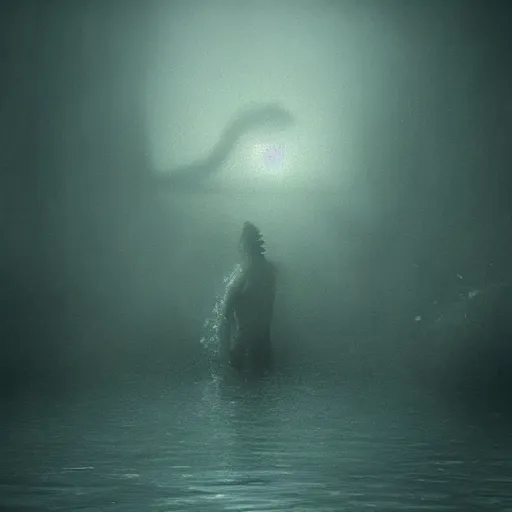 Prompt: sea monster about to eat pov underwater, pale skin, dark yellowish water, foggy water, dark, dramatic,'silent hill ', big eyes, alluring and terrifying, cinematic