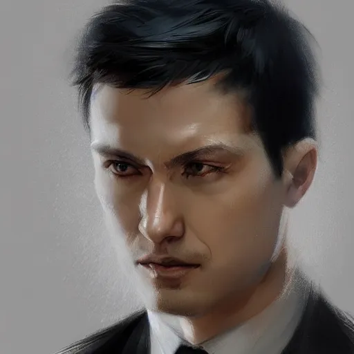 Image similar to Portrait of a man by Greg Rutkowski, he is about 30 years old, mixture between russian and chinese, short black hair, attractive, smart looking, he is wearing a black futuristic lawyer outfit, highly detailed portrait, scifi, digital painting, artstation, concept art, smooth, sharp foccus ilustration, Artstation HQ