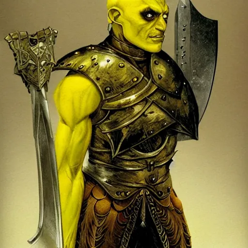 Prompt: ( ( ( head and shoulders portrait of a gaunt noseless yellow - skinned bald githyanki warrior in a breastplate, wielding a magical silver greatsword ) ) ), dave mckean, d & d, fantasy, medieval