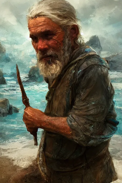 Image similar to Atlantis fisherman, close-up portrait, poor, intricate, elegant, volumetric lighting, scenery, digital painting, highly detailed, artstation, sharp focus, illustration, concept art,ruan jia, steve mccurry