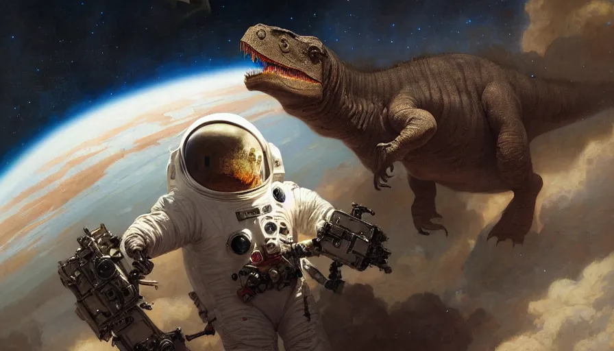 Image similar to tyrannosaurus dressed as an astronaut preparing to fly into space, illustrated by Greg Rutkowski and Gaston Bussiere, 8k