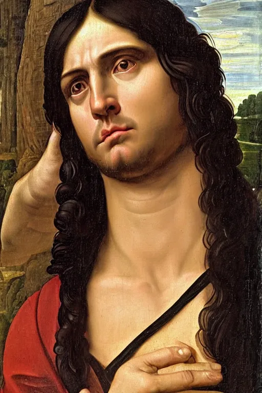 Image similar to renaissance painting of man, long black hair, pleading face, tears dripping from the eyes, emotions closeup, dressed in roman armour, the beautiful garden with pines, ultra detailed, art by Guido Reni style, Vincenzo Catena style