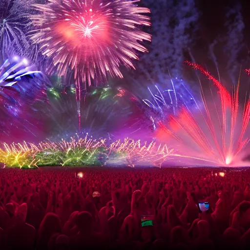 Image similar to outdoor epic festifal mainstage trash hybrid defqon 1 festival light beam lasers, firework, flamethrower, co2, crowd, octane render, 3d, unreal engine, highly detailed, 4k, 8k, HD