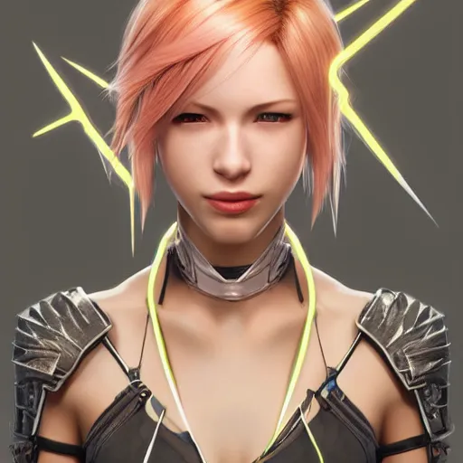 Prompt: a head and shoulders portrait of Lightning Farron from Final Fantasy XIII, neon, retro, smooth, sharp focus, intricate, artstation, detailed concept art by Rutkowski and Mucha and sky sewa and Marc Simonetti
