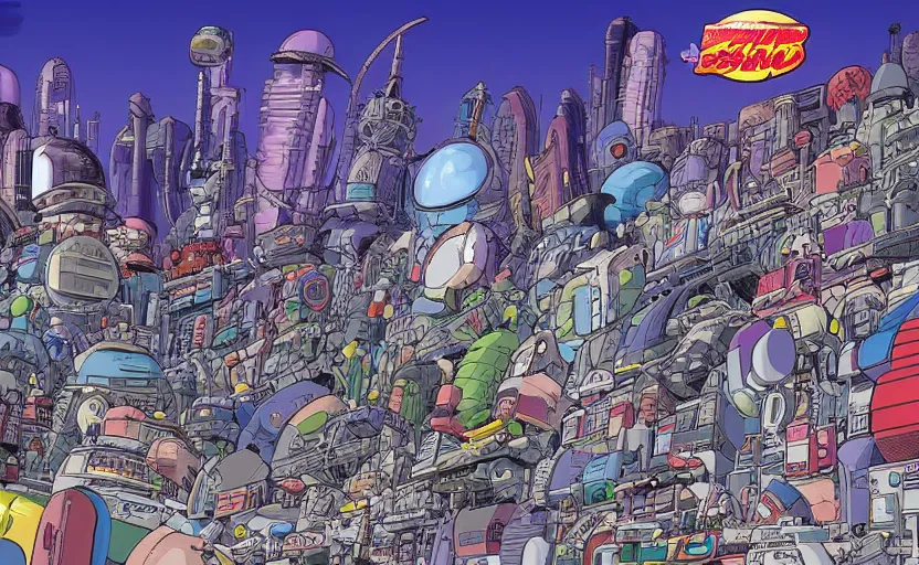 Prompt: sci fi city in style of akira toriyama and moebius