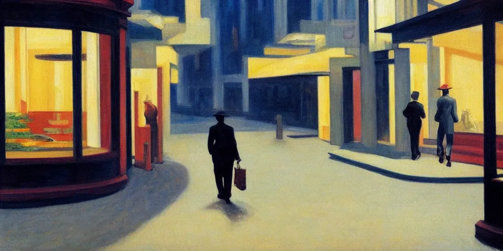 Image similar to a Edward Hopper painting of a bussiness walking alone in a empty street at night