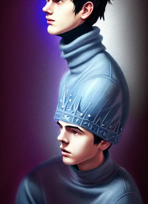 Image similar to portrait of teenage jughead jones wearing a light grey crown, crown, blue turtleneck, closed eyes, photorealistic, black hair, glowing lighting, intricate, elegant, glowing lights, highly detailed, digital painting, artstation, concept art, smooth, sharp focus, illustration, art by wlop, mars ravelo and greg rutkowski