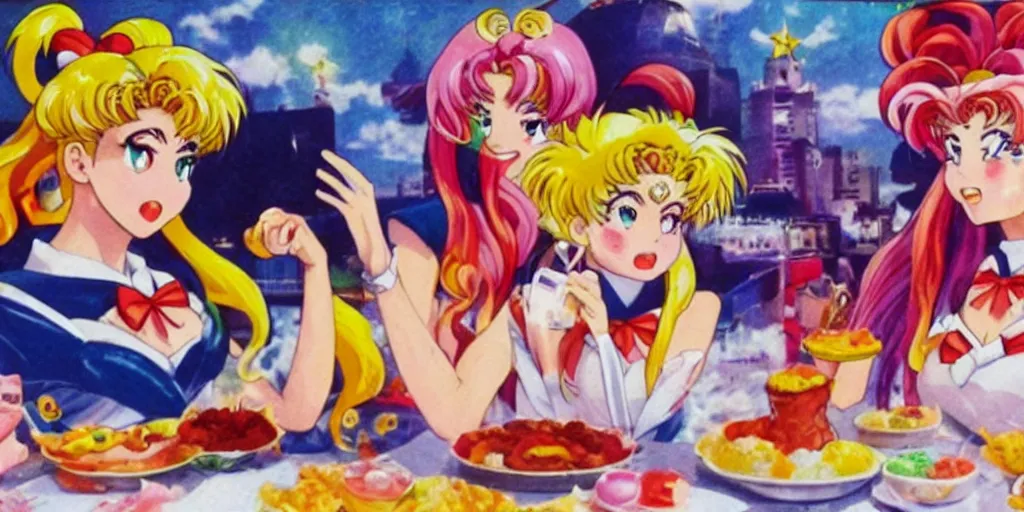 Image similar to sailor moon food fight in cafeteria, detailed facial expression, surrealism aesthetic