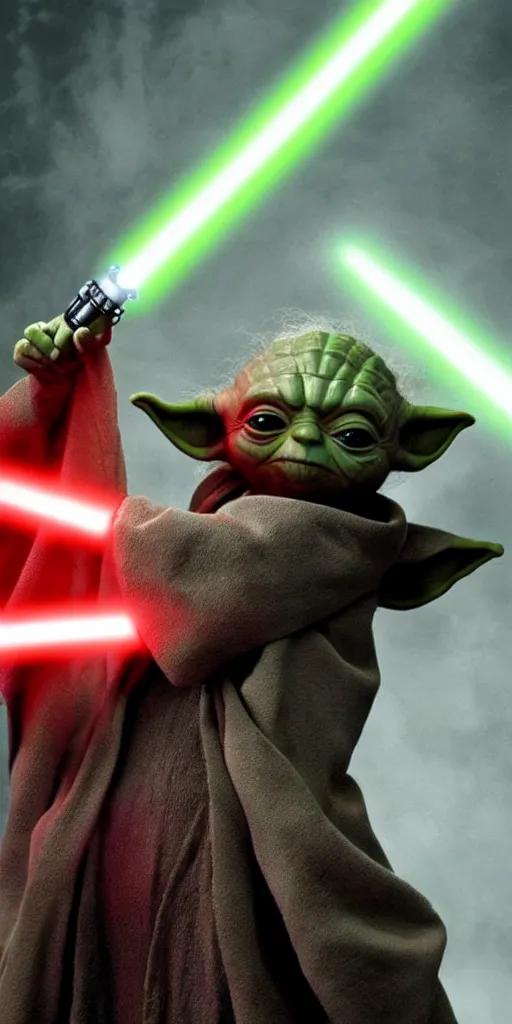 Prompt: yoda, as a sith lord, with a red lightsaber, using the dark force, realistic, ultra realistic