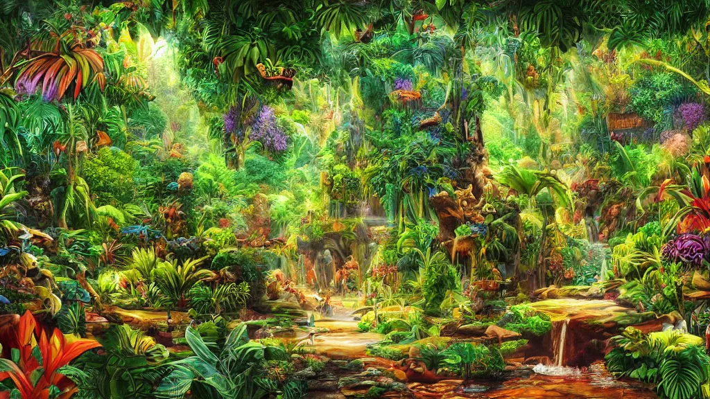 Prompt: detailed high quality landscape of oasis inside lush, vibrant jungle, detailed, hyperrealistic, landscape, colourful