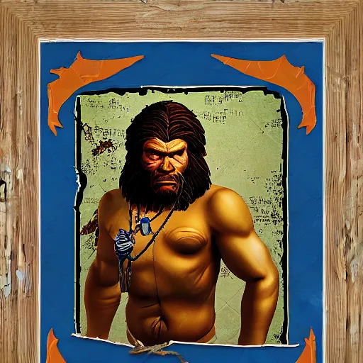 Image similar to saint homo neanderthalis portrait poster with book of science on his right hand, pop art, gta chinatown wars art style, bioshock infinite art style, hyperrealistic, two colors, paper border frame, 4 k, remove duplicate content, justify contents center.