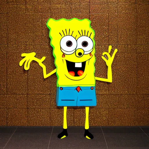 Image similar to spongebob standing in large shower, 4 k realistic photo