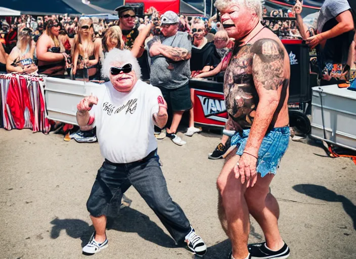 Image similar to photo still of rip taylor at vans warped tour!!!!!!!! at age 6 3 years old 6 3 years of age!!!!!!! throwing bees at a crowd, 8 k, 8 5 mm f 1. 8, studio lighting, rim light, right side key light