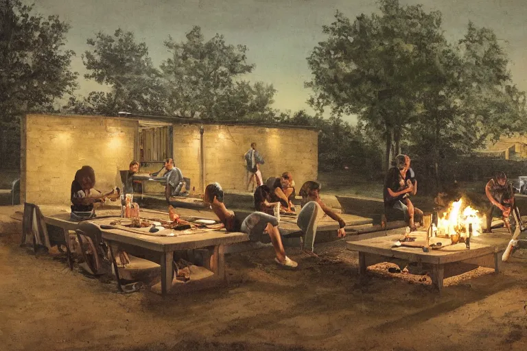 Image similar to It's a deep night, in the yard, in the distance two guys are grilling kebabs and chatting about the meaning of life, in the foreground on the left by the garage wall is a long table and two long benches with six girls and four guys sitting on them, one guy has an acoustic guitar and another guy is vaping, and to the right in the foreground is a vegetable garden, and one guy stepped in the bed by accident, and the other two guys are pulling him out of it