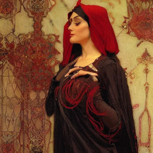 Prompt: a portrait of an older iranian woman, black and red elaborate clothing, by mucha, craig mullins, and gaston bussiere