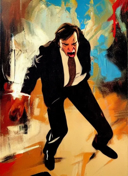 Prompt: saul goodman, screaming, painting by phil hale, fransico goya, david lynch,'action lines '!!!, graphic style, visible brushstrokes, motion blur, blurry