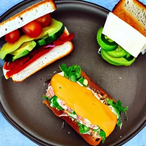 Image similar to sandwich of 1 0 feets of height, with fried tofu, one red tomato slice, mayo, onion, avocado, melted cheddar, red dish, background : jupiter and stars in the sky