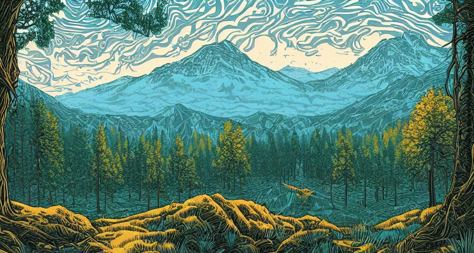 Image similar to a beautiful landscape with trees and mountains, by dan mumford