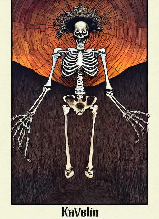 Image similar to the skeleton king of halloween. highly detailed digital painting, watercolor, soviet realism, engraving, artstation, concept art, smooth, sharp focus, vivid grunge, manga illustration, unreal engine 5, 8, art by bilibin and kilian eng and kuvshinov and malevich and mucha