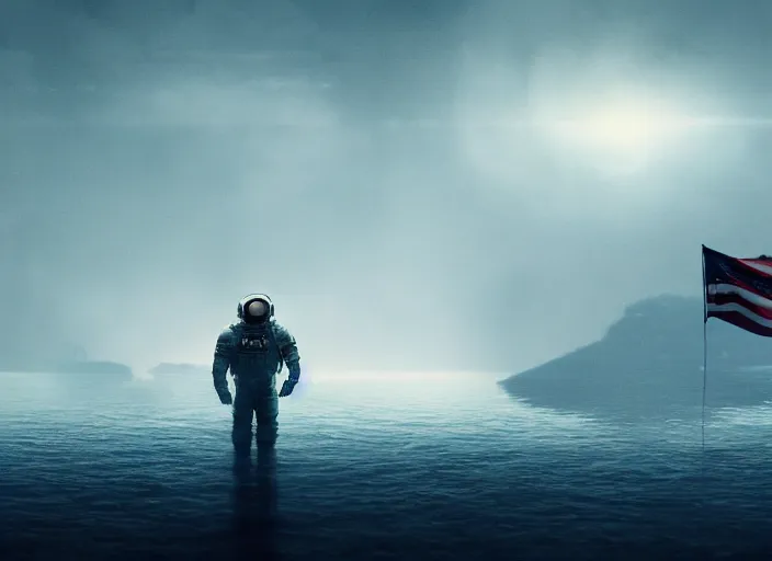 Image similar to astronaut holding a flag in an underwater desert. a submarine is visible in the distance. dark, concept art, cinematic, dramatic, atmospheric, 8 k, trending on artstation, blue, fish, low visibility, fog, ocean floor, christopher nolan, interstellar