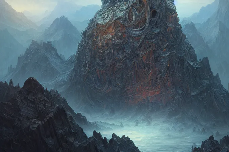 Prompt: a lovecraftian painting of the mountains of madness, cosmic horror elements, ultra realistic, concept art, intricate details, eerie, highly detailed, photorealistic, octane render, 8 k, unreal engine. art by artgerm and greg rutkowski and alphonse mucha