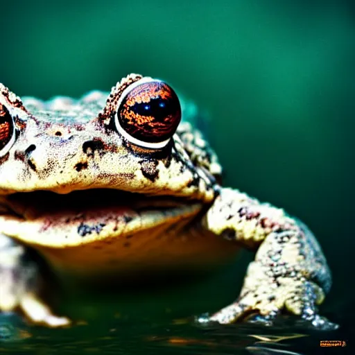 Prompt: deep camouflage angry toad evil eyes poking out eyes from under the water ultra sharp blur background simple background deep brown orange staring into camera poster art full brown national Geographic