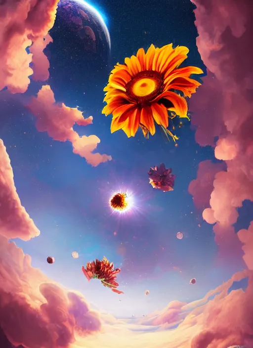 Image similar to An epic fantastic realism comic book style painting of the most beautiful flowers launched into space, bouquets, solar eclipse, fisheye, unreal 5, DAZ, hyperrealistic, octane render, dynamic lighting