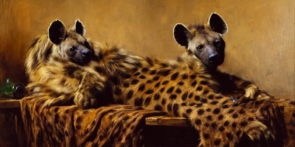 Image similar to an exhausted hyena girl in her studio with a bottle of whisky, fluffy, furry pelt, furry body. highly detailed painting by gaston bussiere, craig mullins, j. c. leyendecker 8 k