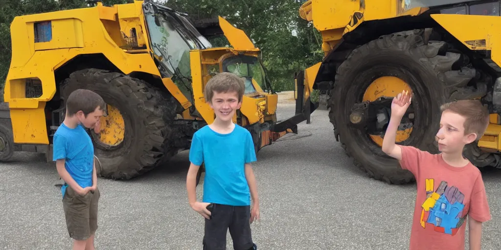 Prompt: a young boy meeting a bulldozer transformer in the art style of tom lichtenheld and sherri duskey rinker