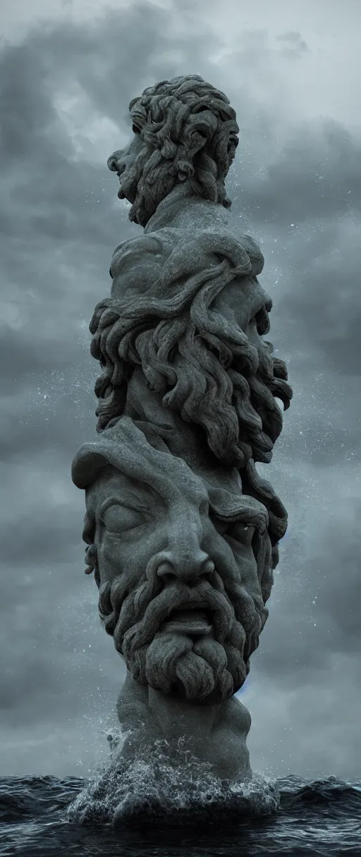 Prompt: stone bust of poseidon in the ocean, heavy waves, dark clouds, vivid, atmospheric, rainy, realistic, ultra detail, somber, hd, octane render, featured on artstation