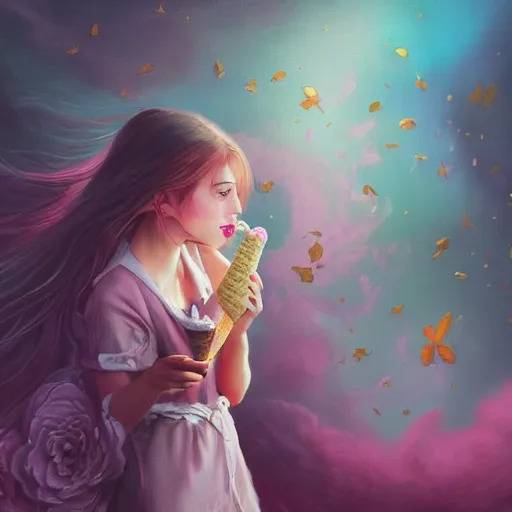 Image similar to beautiful girl eat a pink ice cream on nature background, acrilic paint, digital, artstation, detailed intricate ink illustration, heavenly atmosphere, digital art, overdetailed art, concept art, complementing colors, trending on artstation, cgstudio, the most beautiful image ever created, dramatic, subtle, details, award winning artwork, beautiful scenery