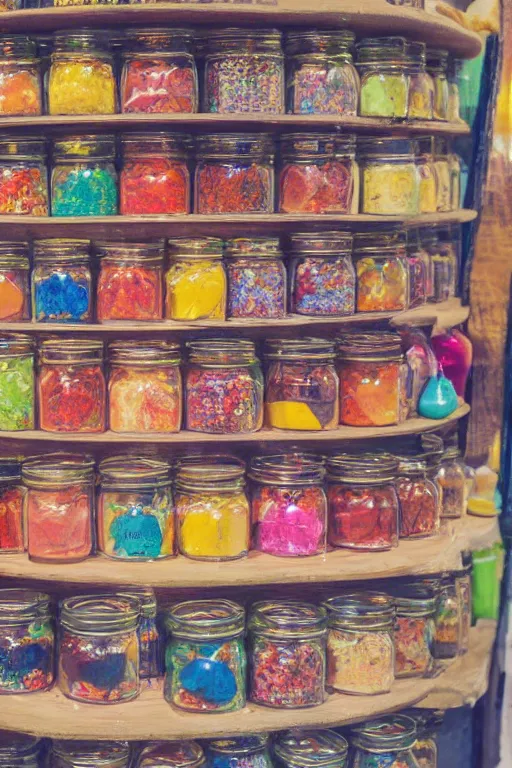 Image similar to magical, mystical shop full of jars of sweets, rainbow gouache